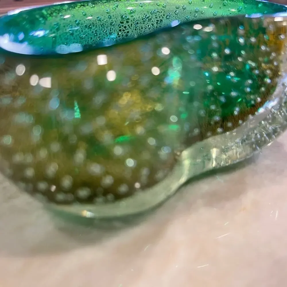 Vintage Murano glass candy dish Green with gold beautiful  bean shaped